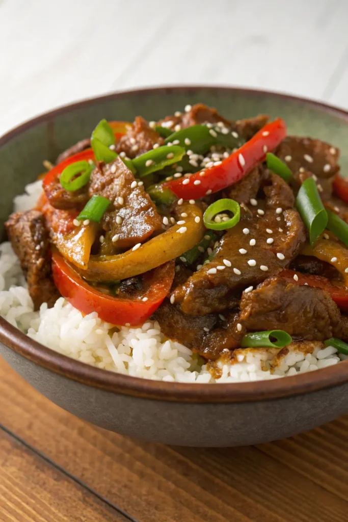 a hearty bowl of crock pot beef and peppers sits s