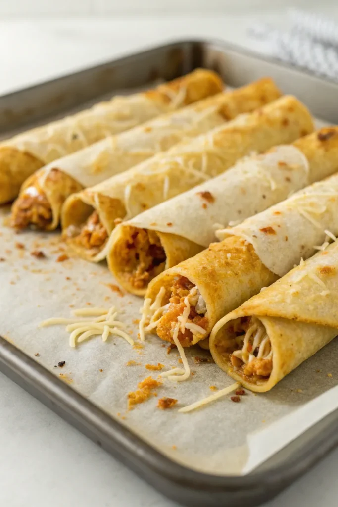 a tray of freshly baked chicken taquitos on a parc