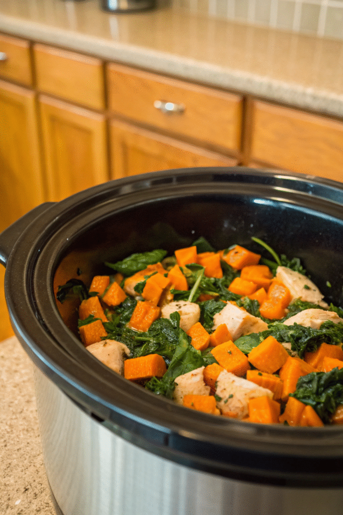 6 Easy and Nutritious Crockpot Recipes for Happy Dogs 2 A bowl of fish and spinach mix for dogs, surrounded by fresh spinach leaves.