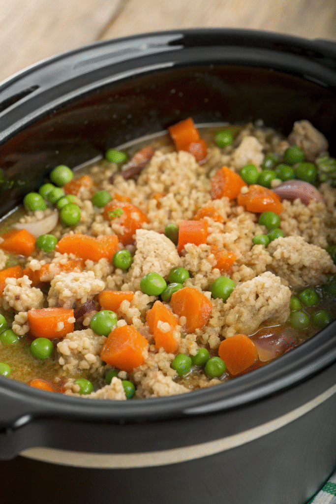 6 Easy and Nutritious Crockpot Recipes for Happy Dogs 5 A bowl of turkey and quinoa dog food with fresh ingredients.