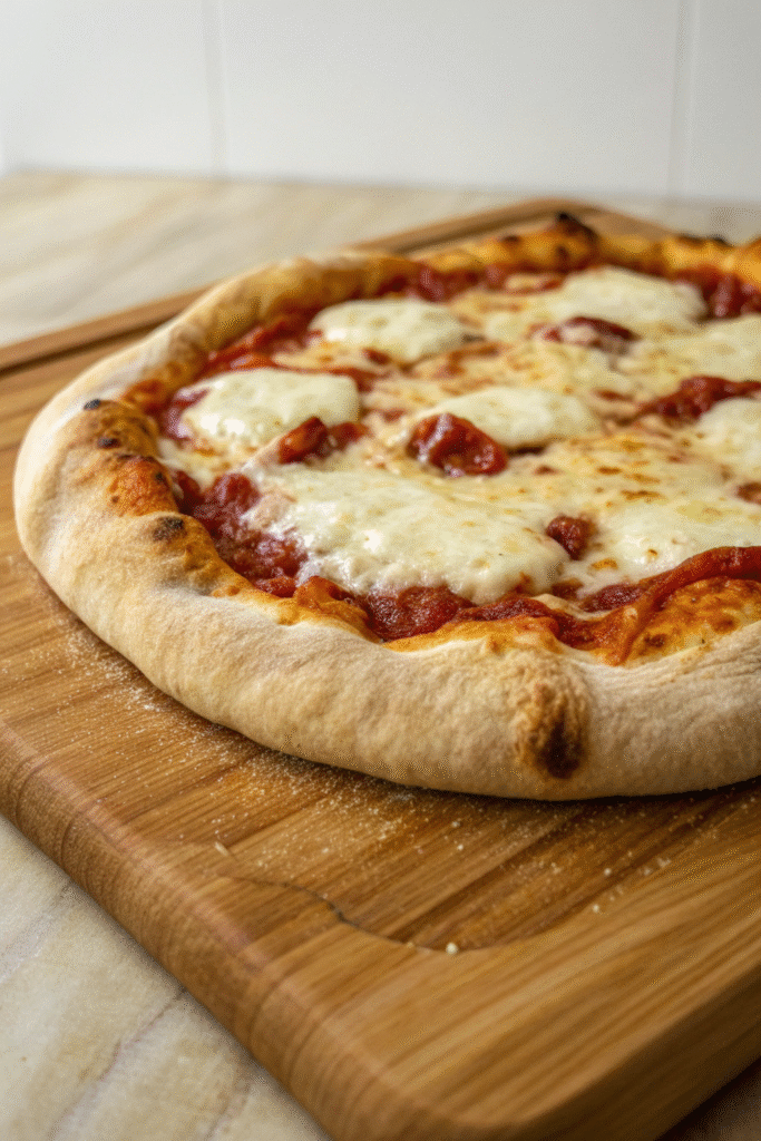 A delicious cheesy mozzarella and basil pizza with fresh basil leaves on top.