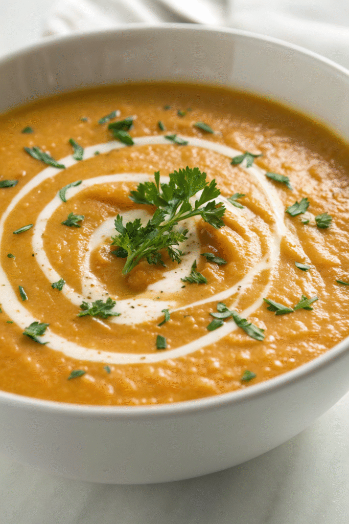 A bowl of chilled carrot and ginger soup garnished with cream, surrounded by fresh carrots and ginger.