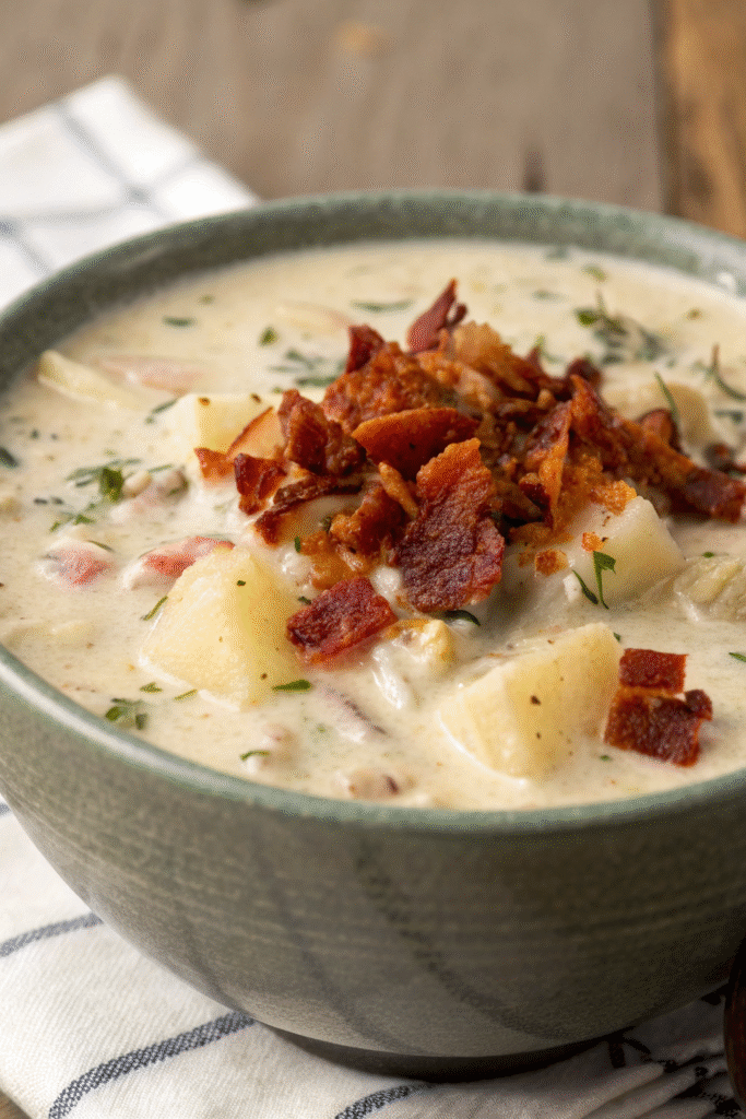 A bowl of classic New England clam chowder with clams, potatoes, and crackers