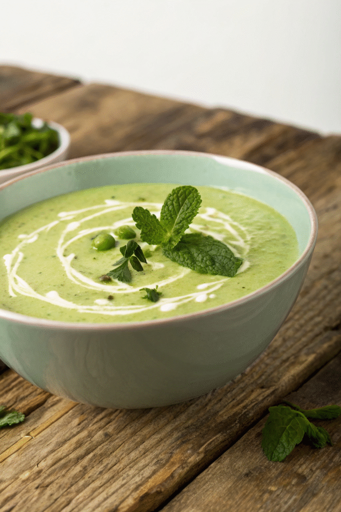 A bowl of cold pea and mint soup garnished with mint leaves, surrounded by fresh mint and bananas on a wooden surface.