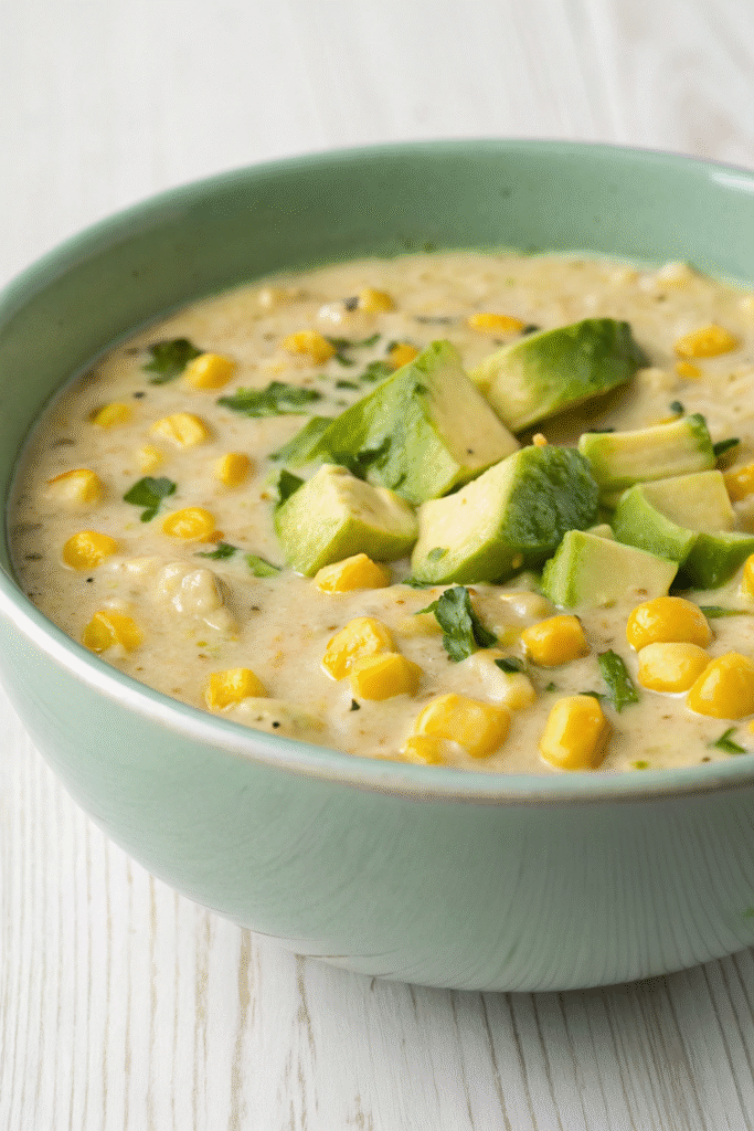 A bowl of corn and avocado chowder topped with cilantro, surrounded by fresh corn and avocados.