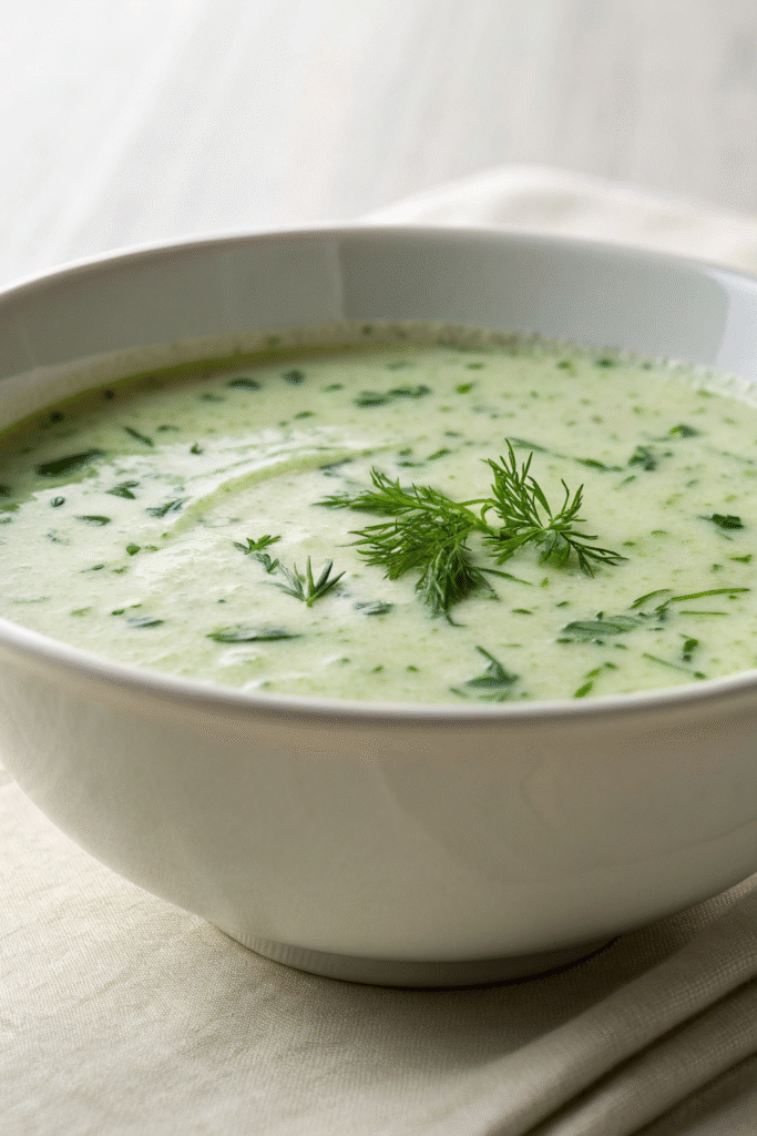 A bowl of creamy cucumber dill soup garnished with dill and surrounded by cucumber slices.