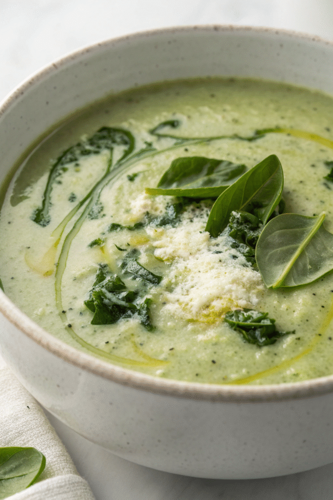 A bowl of creamy spinach and artichoke soup garnished with spinach leaves and cheese.