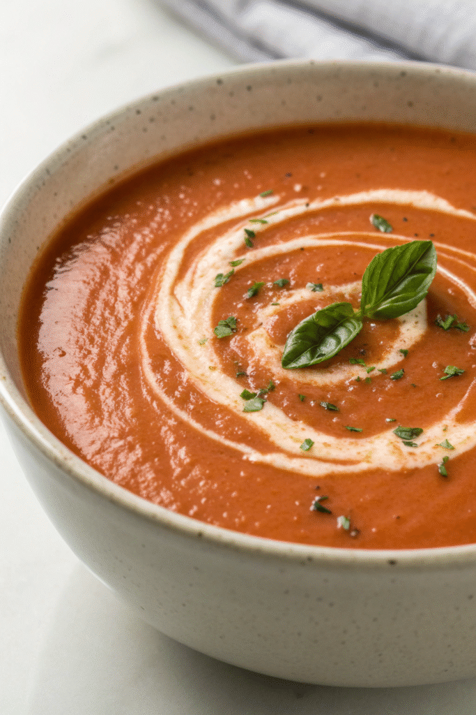 A bowl of creamy tomato basil soup garnished with fresh basil leaves, surrounded by tomatoes and basil on a wooden table.