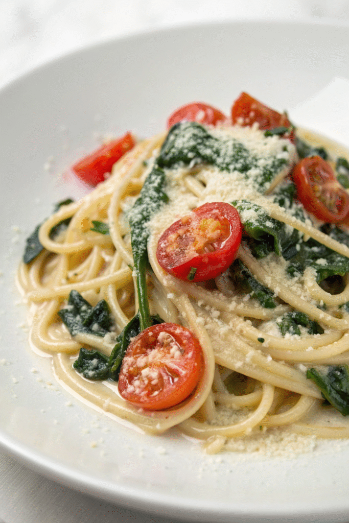 9 Delicious Yogurt Dinner Recipes To Try Tonight 2 Creamy yogurt pasta with spinach and cherry tomatoes in a bowl.