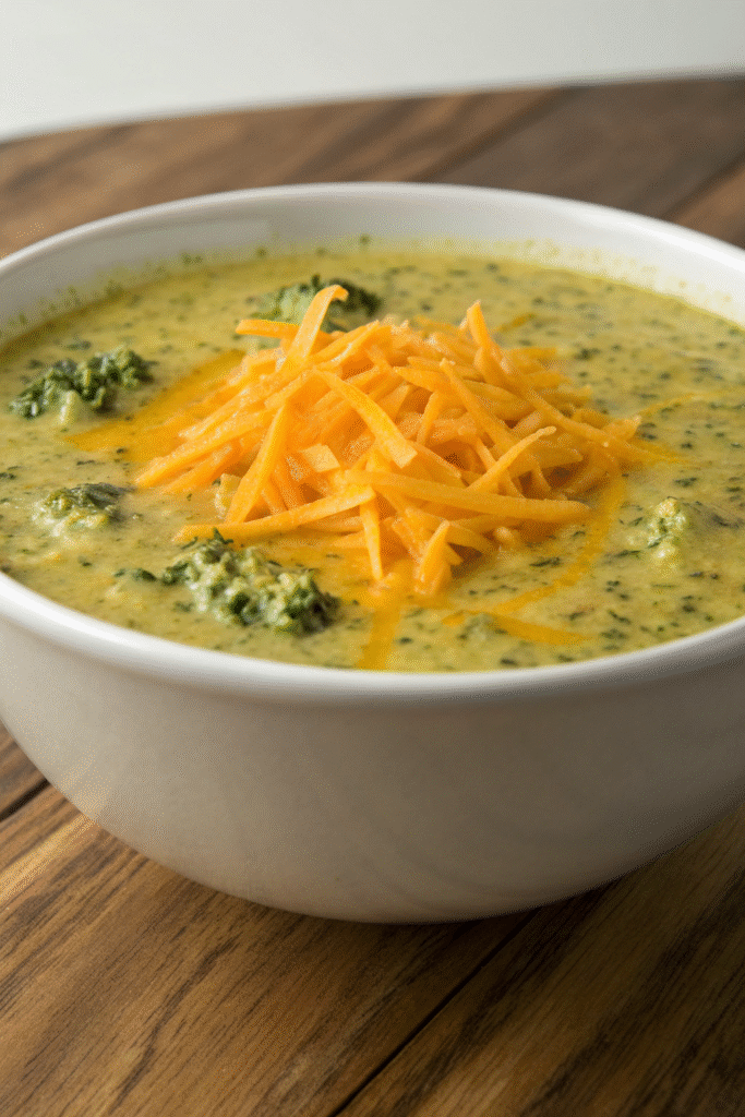 A bowl of creamy broccoli cheddar soup topped with shredded cheese and black pepper.