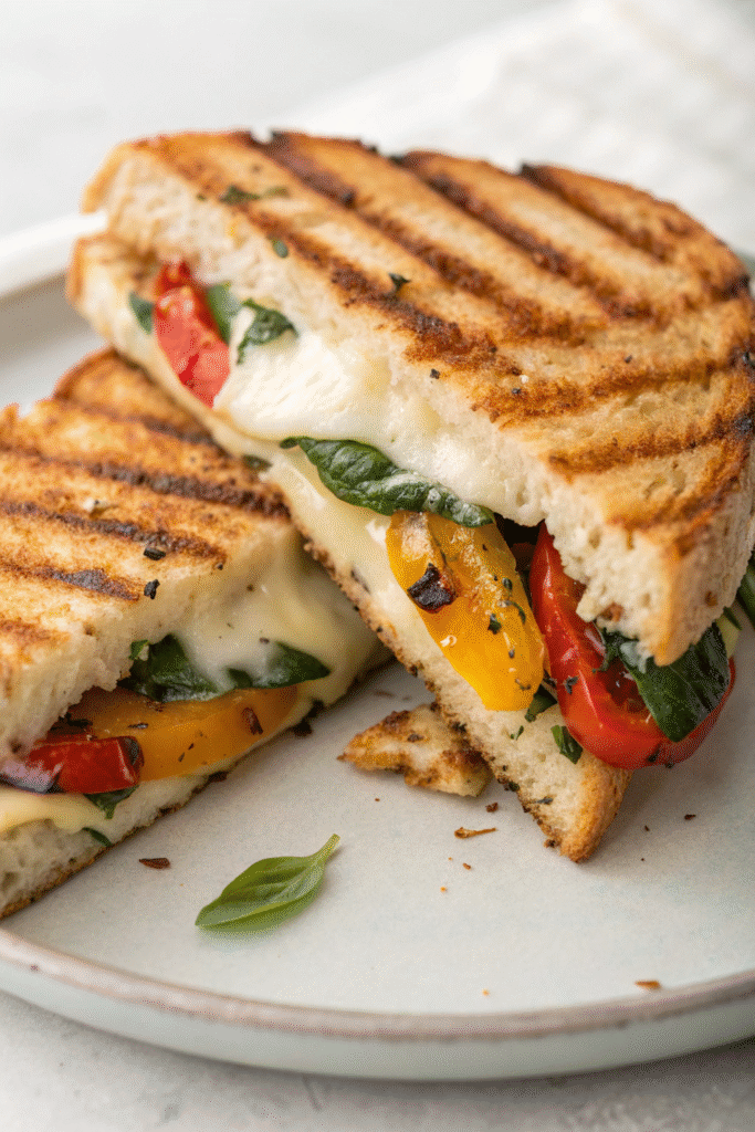 A delicious grilled vegetable and mozzarella panini stacked on a plate with a side of marinara sauce.