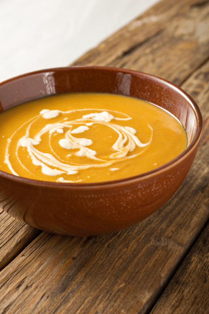 A bowl of butternut squash bisque garnished with cream and pumpkin seeds, surrounded by small pumpkins and seeds.