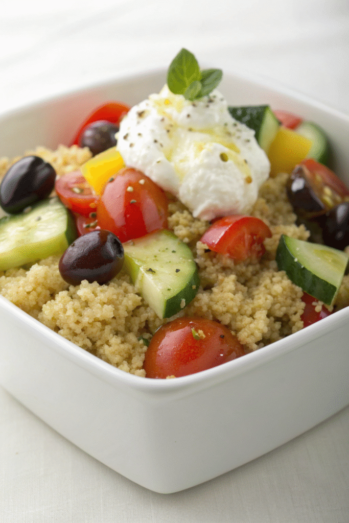 9 Delicious Yogurt Dinner Recipes To Try Tonight 5 A bowl of quinoa topped with yogurt, cucumbers, tomatoes, olives, and parsley.