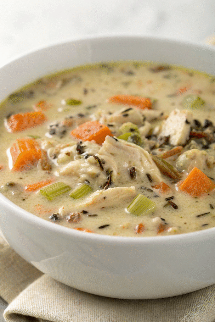 A bowl of rich chicken and wild rice chowder with chunks of chicken and vegetables.