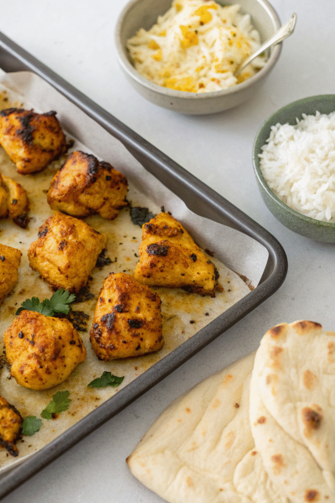 9 Delicious Yogurt Dinner Recipes To Try Tonight 7 A plate of chicken tikka served with naan and yogurt sauce.