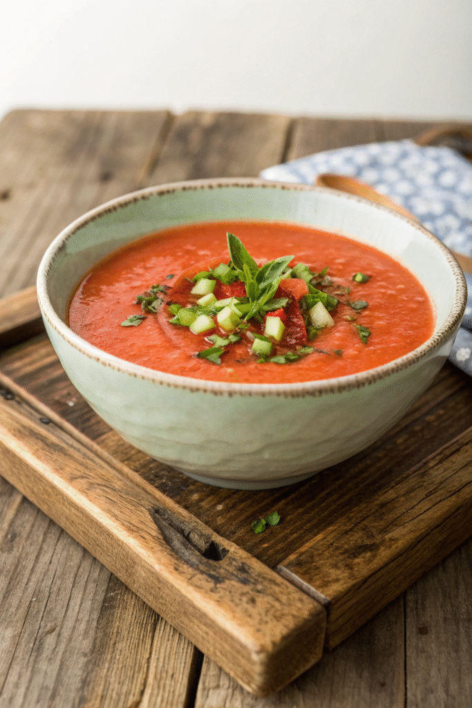 A bowl of spicy gazpacho with roasted peppers, garnished with herbs and spices.