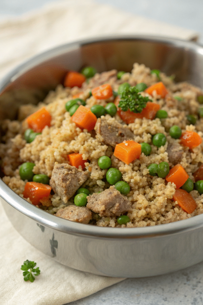 A bowl of turkey and quinoa dog food with vegetables