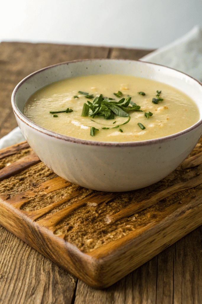 A bowl of creamy potato leek soup topped with crispy onions and green onions, with fresh leeks in the background.