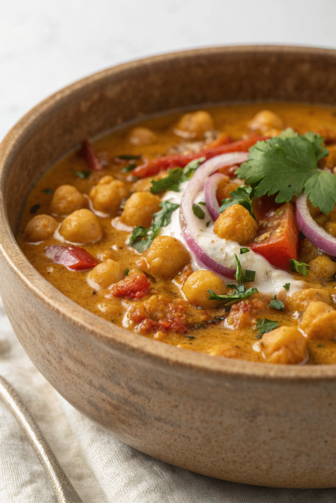 9 Delicious Yogurt Dinner Recipes To Try Tonight 3 A bowl of yogurt-based curry with chickpeas, garnished with cilantro and served with rice.