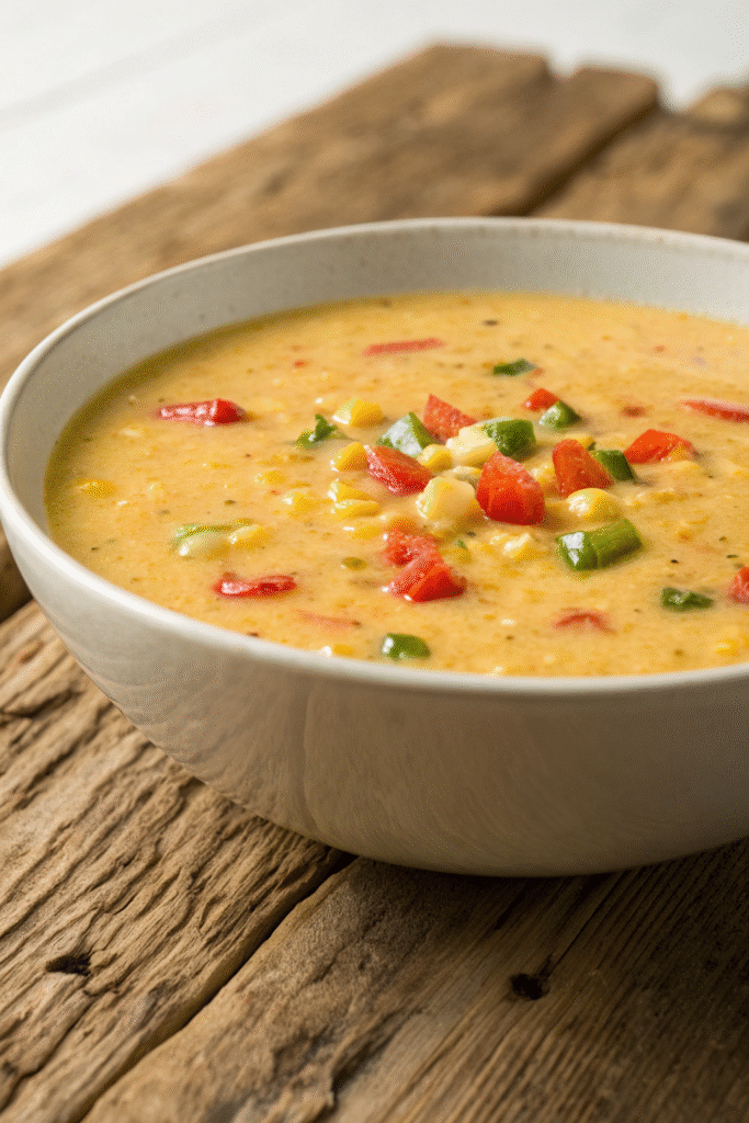 A bowl of Zesty Corn and Pepper Chowder topped with diced peppers and cilantro, with lime wedges on the side.