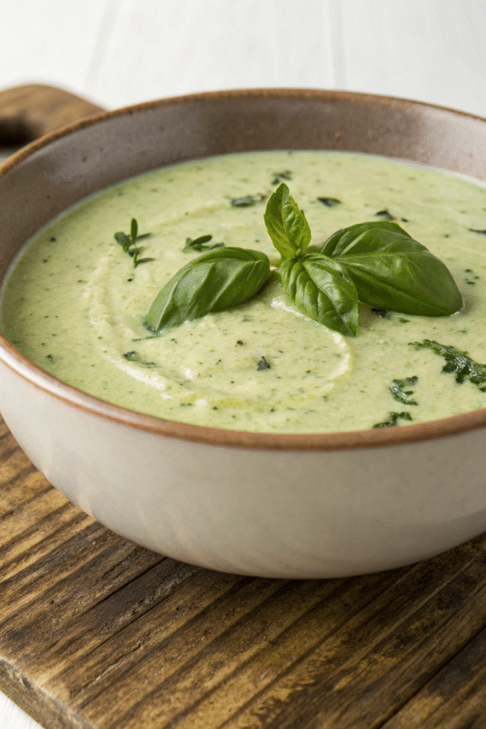 A bowl of creamy zucchini basil soup garnished with fresh basil leaves, surrounded by whole zucchinis and sliced pieces.