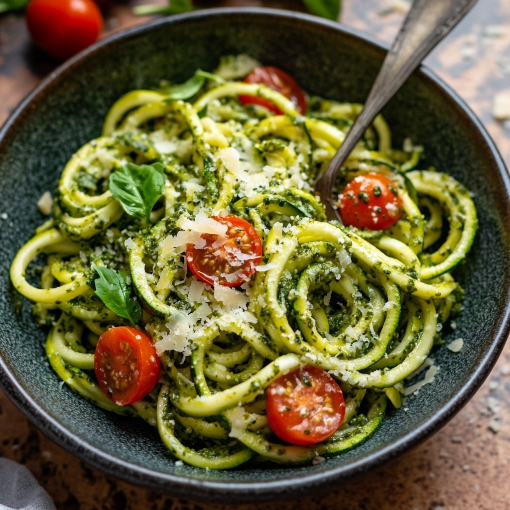 A plate of zucchini noodles topped with marinara sauce and mozzarella cheese.