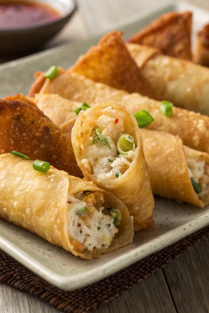 a a plate of golden crispy rice paper crab rangoo