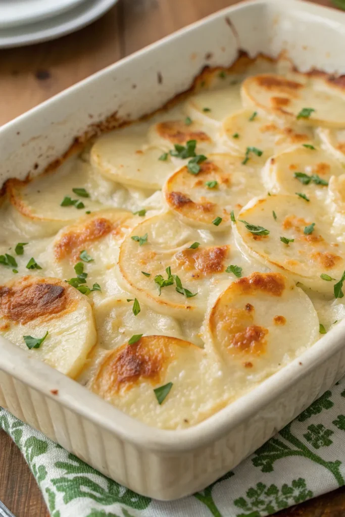a bubbling dish of creamy scalloped potatoes with