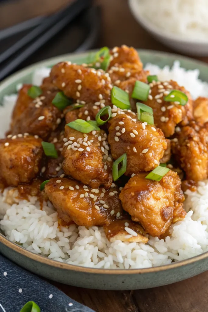 a close up full plate view of crispy honey garlic