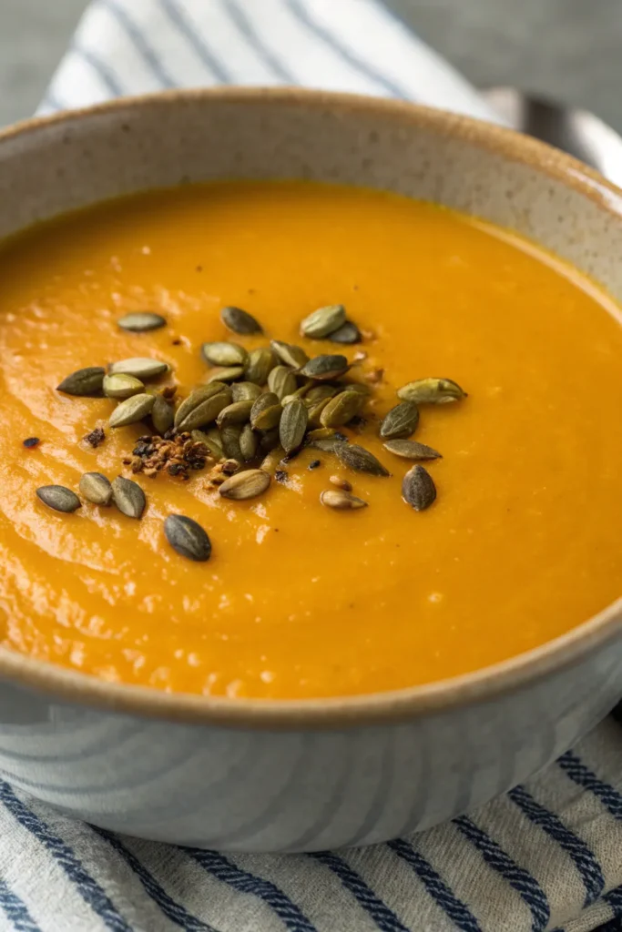 a cozy bowl of butternut squash soup glows with a