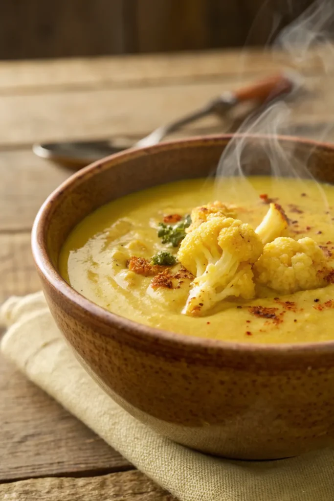a creamy bowl of cauliflower curry soup sits steam