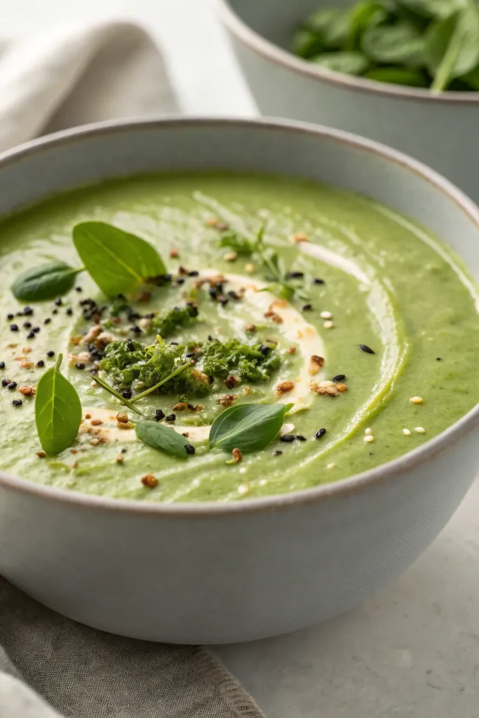 a creamy bowl of spinach and avocado soup is serve