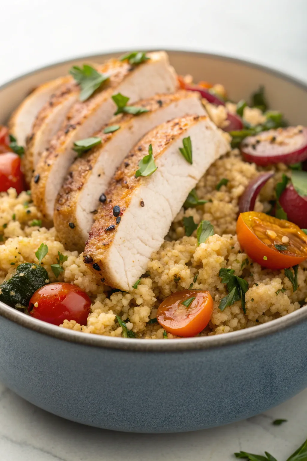 a full bowl view of a mediterranean quinoa chicken