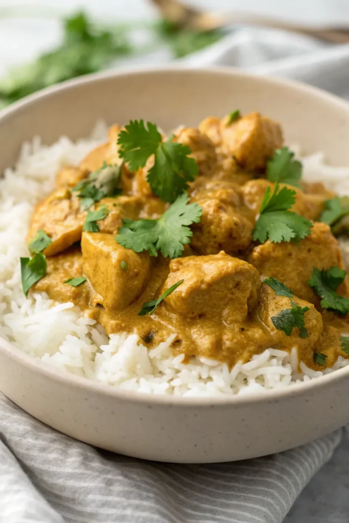 a full bowl view of creamy coconut chicken curry s