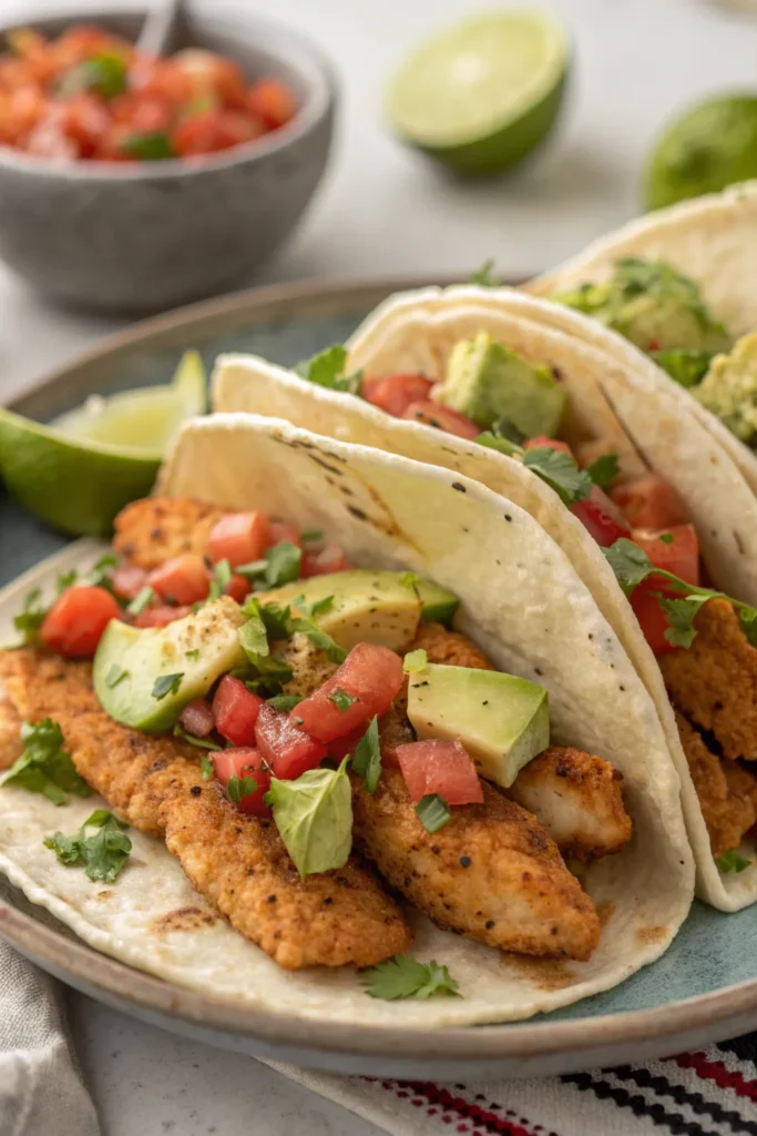 a full plate view of homemade chicken tacos filled
