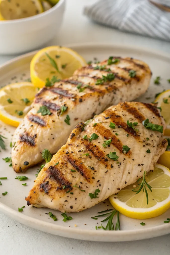 a full plate view of juicy grilled lemon herb chic