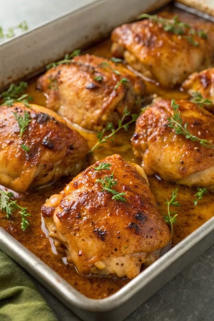 a full tray view of maple dijon baked chicken thig