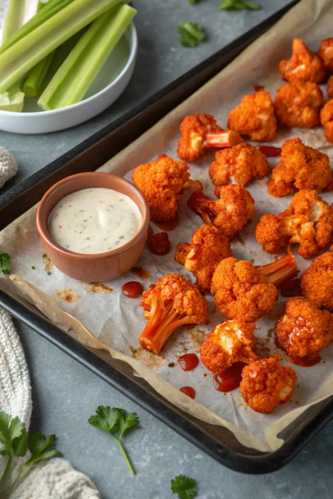 a full view of crispy baked buffalo cauliflower fl