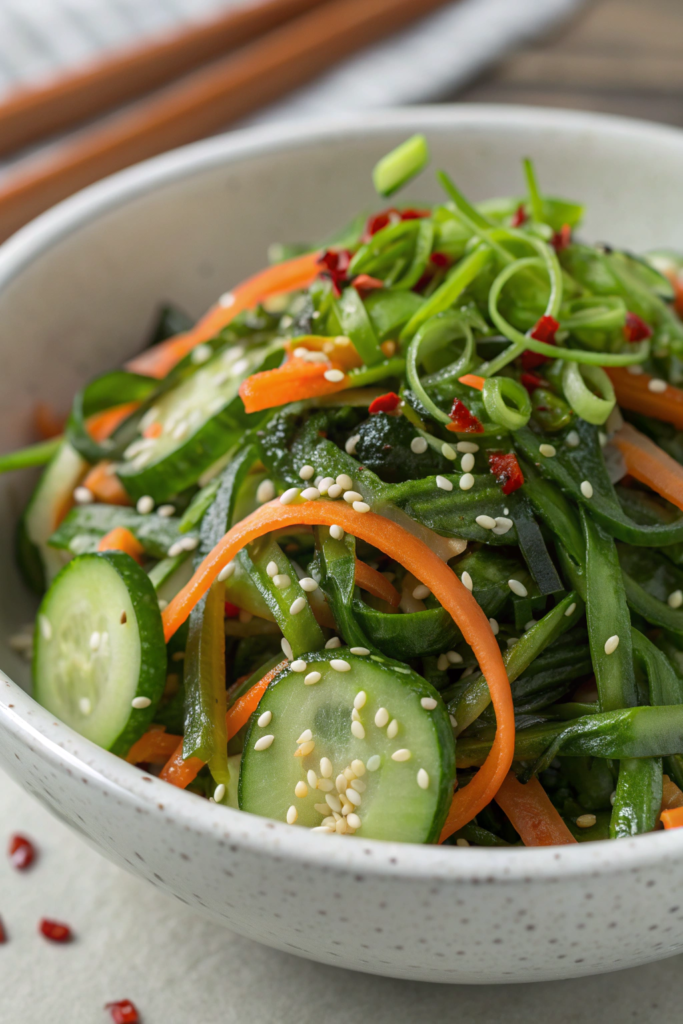 a refreshing seaweed salad tossed with crisp cucum