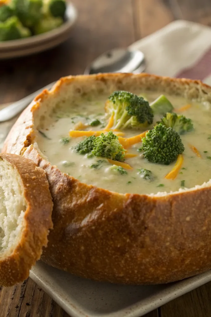 a rich and comforting broccoli cheddar soup is ser