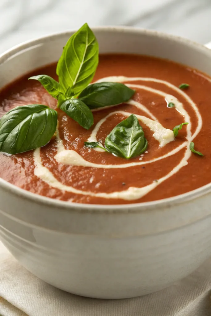 a rich bowl of creamy tomato basil soup sits steam