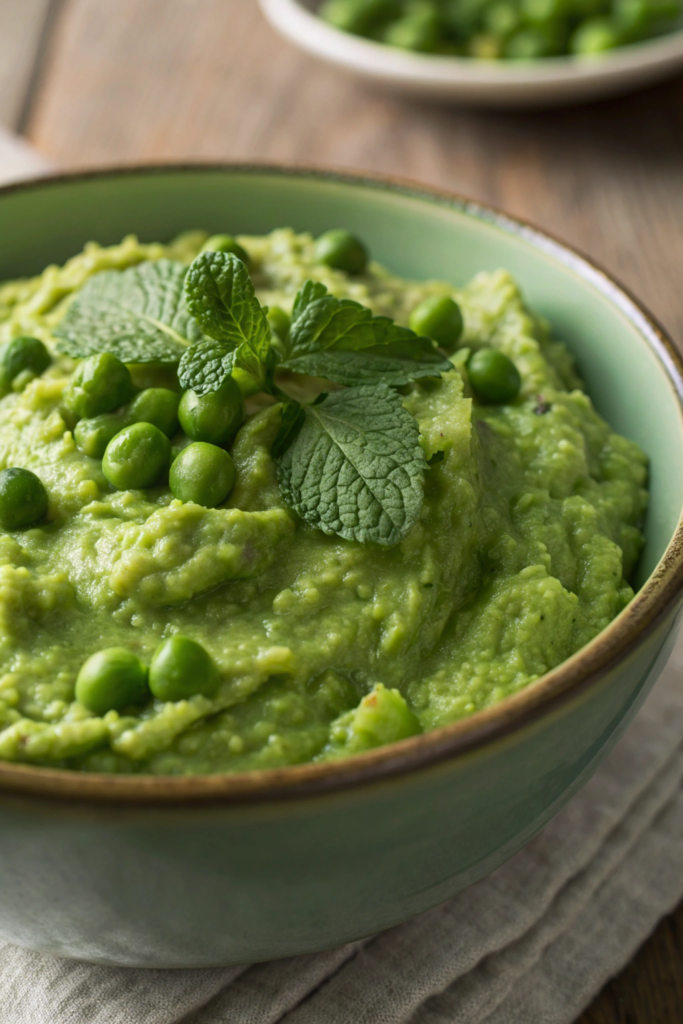 a vibrant green pea and mint mash served in a bowl