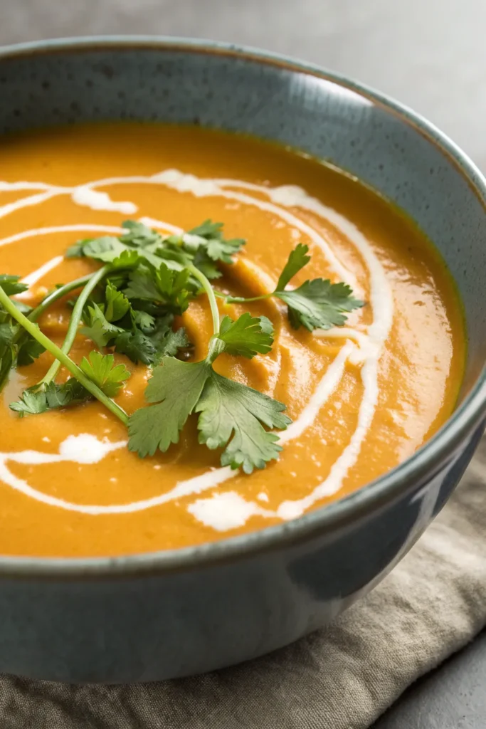 a warm bowl of sweet potato coconut soup sits invi