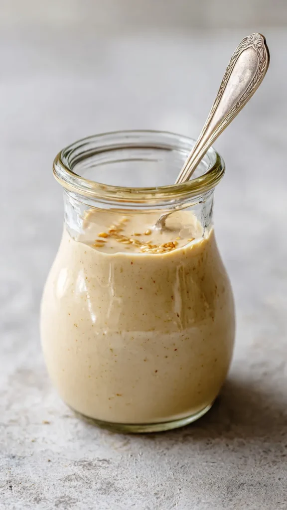 a small glass jar filled with creamy
