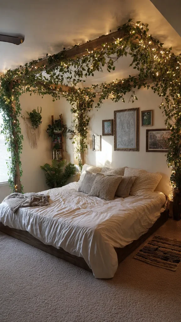 15 Enchanting Vine Canopy Bedroom Ideas with Fairy Lights & Vintage Decor 11 yd10