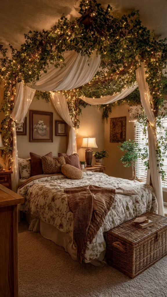15 Enchanting Vine Canopy Bedroom Ideas with Fairy Lights & Vintage Decor 12 yd11