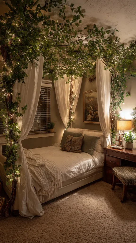 15 Enchanting Vine Canopy Bedroom Ideas with Fairy Lights & Vintage Decor 14 yd13