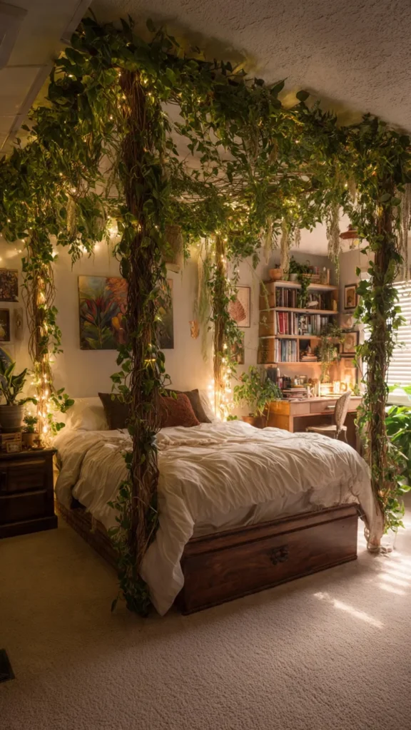 15 Enchanting Vine Canopy Bedroom Ideas with Fairy Lights & Vintage Decor 16 yd15