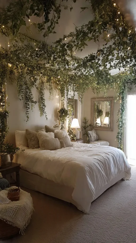 15 Enchanting Vine Canopy Bedroom Ideas with Fairy Lights & Vintage Decor 3 yd2