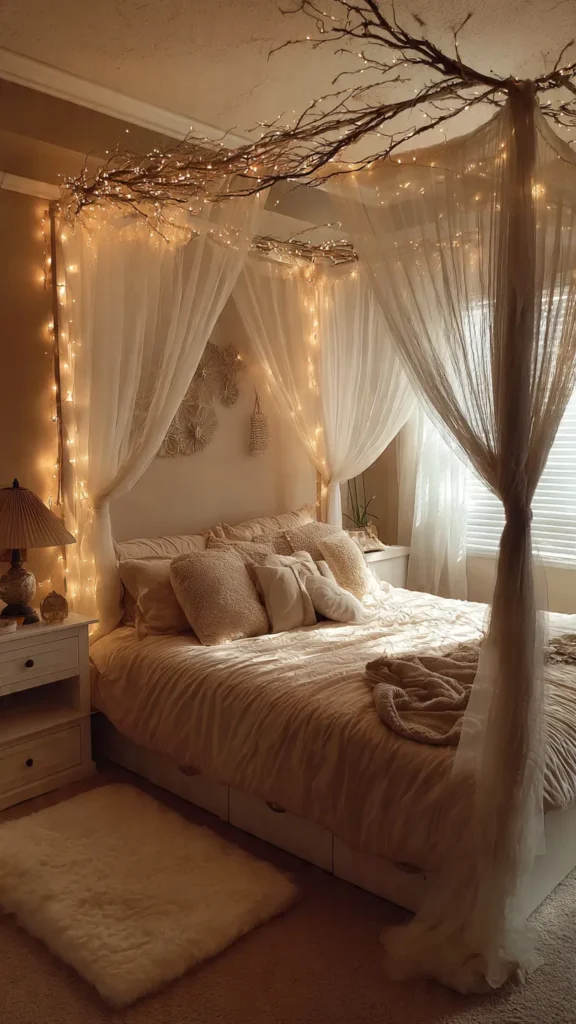 15 Enchanting Vine Canopy Bedroom Ideas with Fairy Lights & Vintage Decor 4 yd3